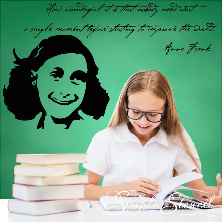A wall decal silhouette of a smiling Anne Frank next to a quote that reads: How wonderful it is that nobody need wait a single moment before starting to improve the world. Anne Frank. Makes a great display on a History Classroom wall. 
