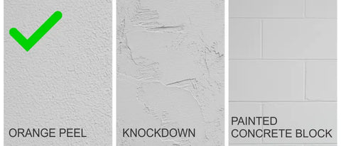Collage of appropriate textured surfaces for vinyl decals, showing examples of orange peel, knockdown, and smooth painted concrete block walls.
