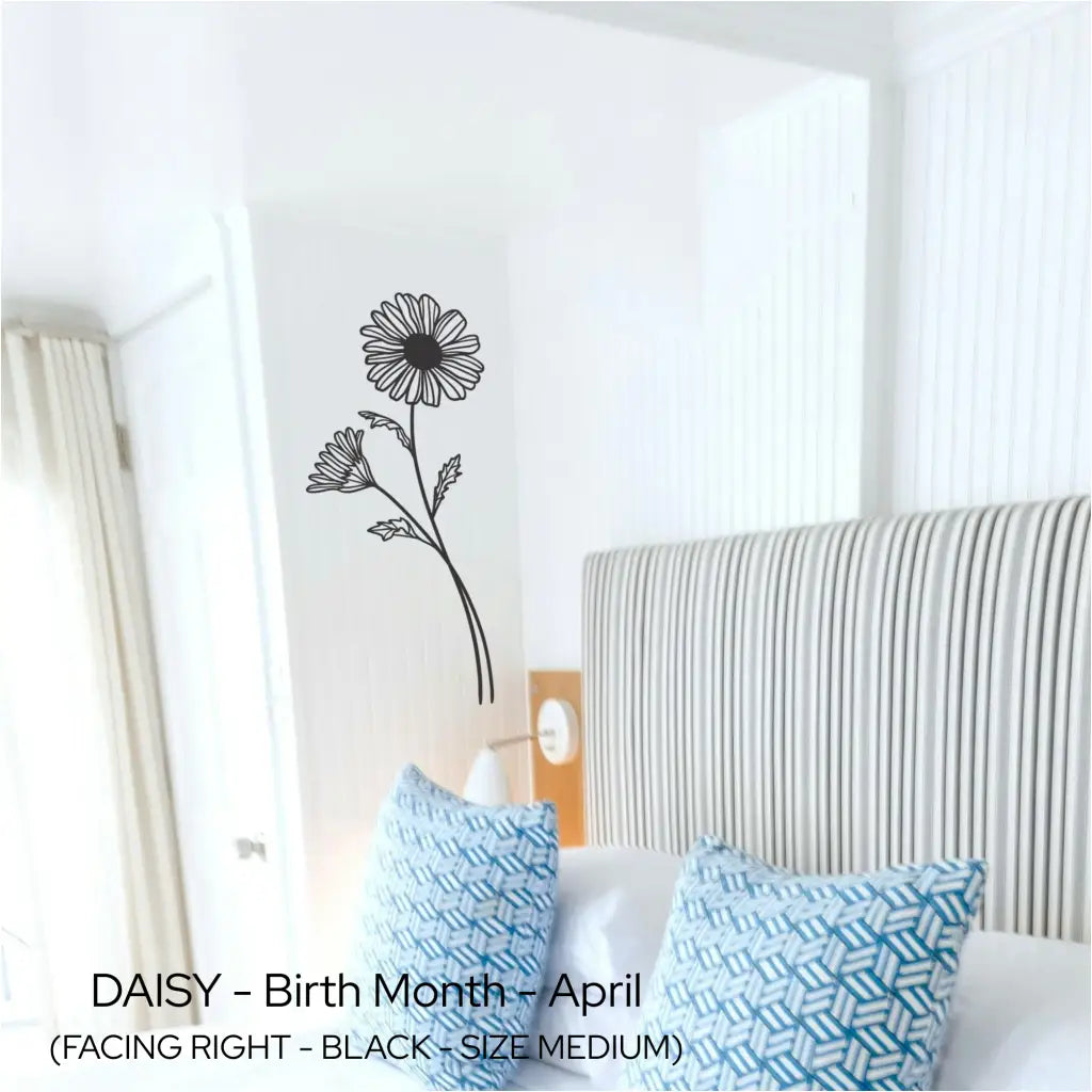 Large vertical Daisy wall lettering applied to a white paneled bedroom wall, creating a calm, biophilic focal point near a bed.