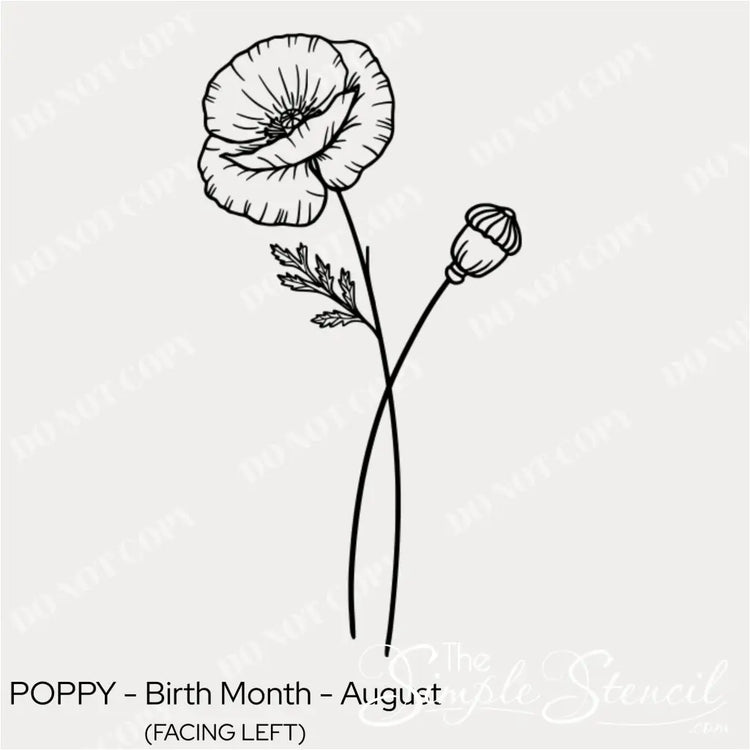 Close up of the August Poppy line art design showing the intricate petal details and matte black finish.