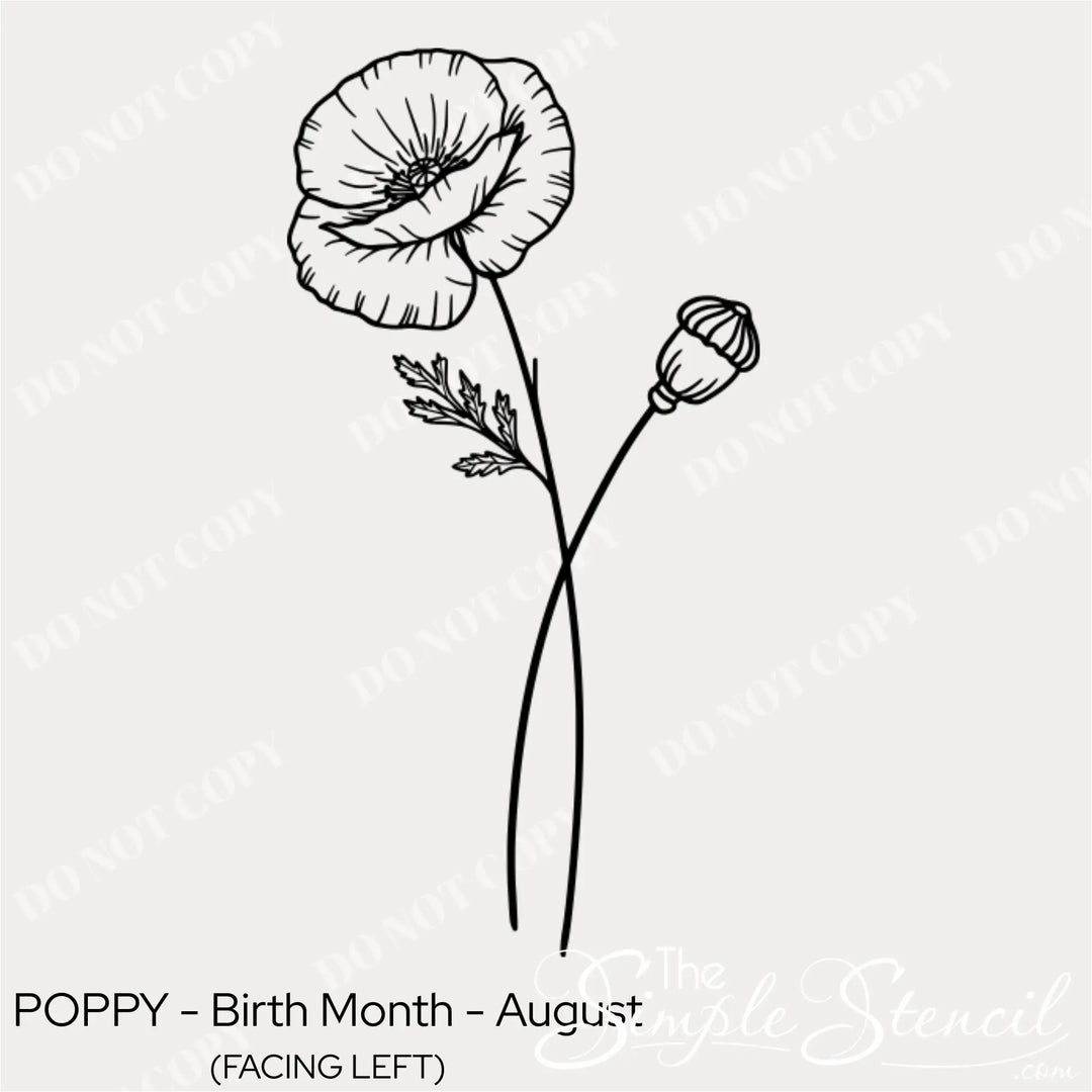 Close up of the August Poppy line art design showing the intricate petal details and matte black finish.