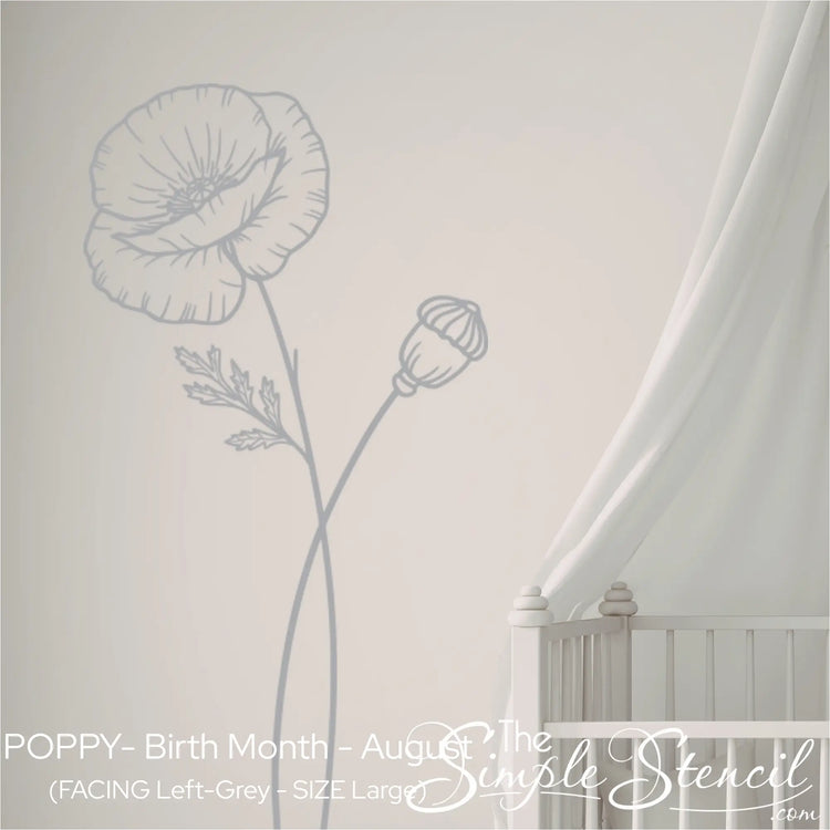 Soft grey Poppy wildflower illustration applied vertically next to a white crib canopy in a neutral, calm nursery.