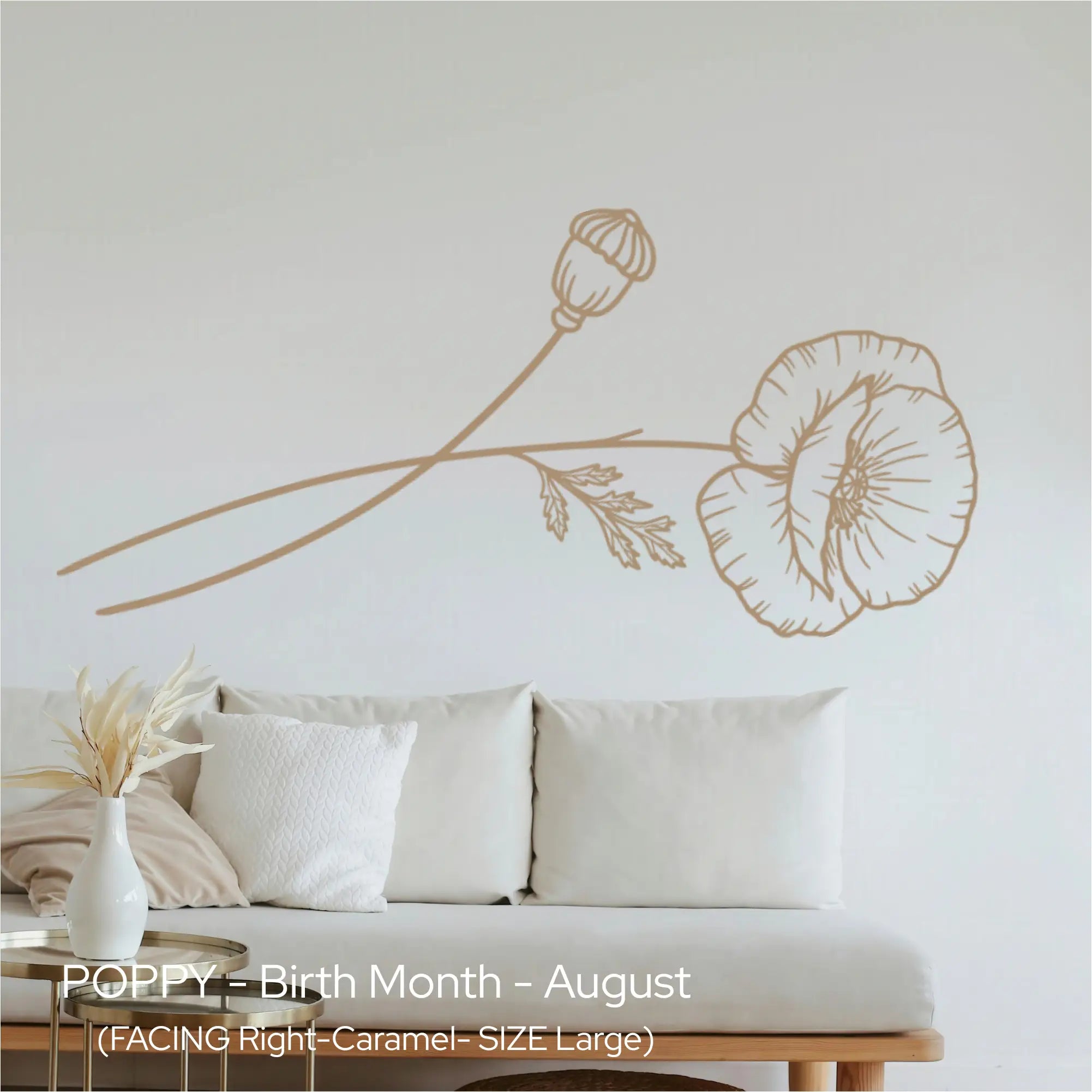 Large caramel-colored Poppy botanical decal applied horizontally above a cream linen sofa for a warm, grounding living room vibe.