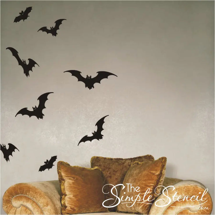 Bats! - Self adhesive bat wall decals in various shapes and sizes add a spooky touch to halloween decorating projects. By TheSimpleStencil.com
