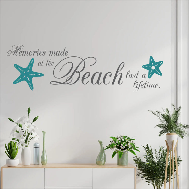 Beach house wall decal with quote "Memories made at the beach last a lifetime" and starfish graphics - By TheSimpleStencil.com