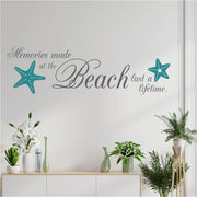 Beach house wall decal with quote "Memories made at the beach last a lifetime" and starfish graphics - By TheSimpleStencil.com