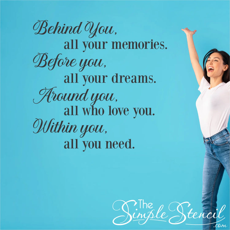 An energetic, minimalist setting featuring a smiling woman jumping for joy in jeans and a white tee against a solid, vibrant blue wall. The elegant four-line daily affirmation quote is perfectly laid out on the flat wall surface next to her.