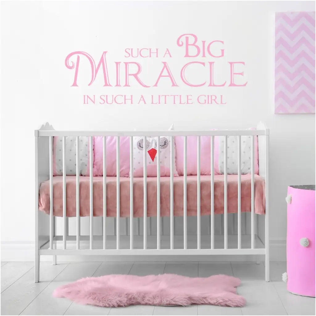 A sweet vinyl wall decal for a baby girl's room or nursery that reads: Such a Big Miracle in such a little girl.