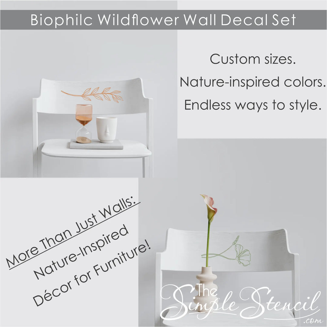 Biophilic Wildflower Wall Decal Set with nature-inspired decor on furniture against a gray background.