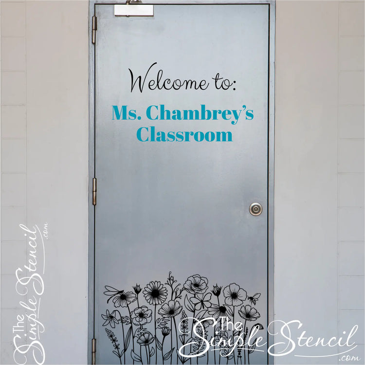 "Welcome to Ms. Chambrey's Classroom" custom door sign featuring Biophilic Style floral line art decals at the base of the door.