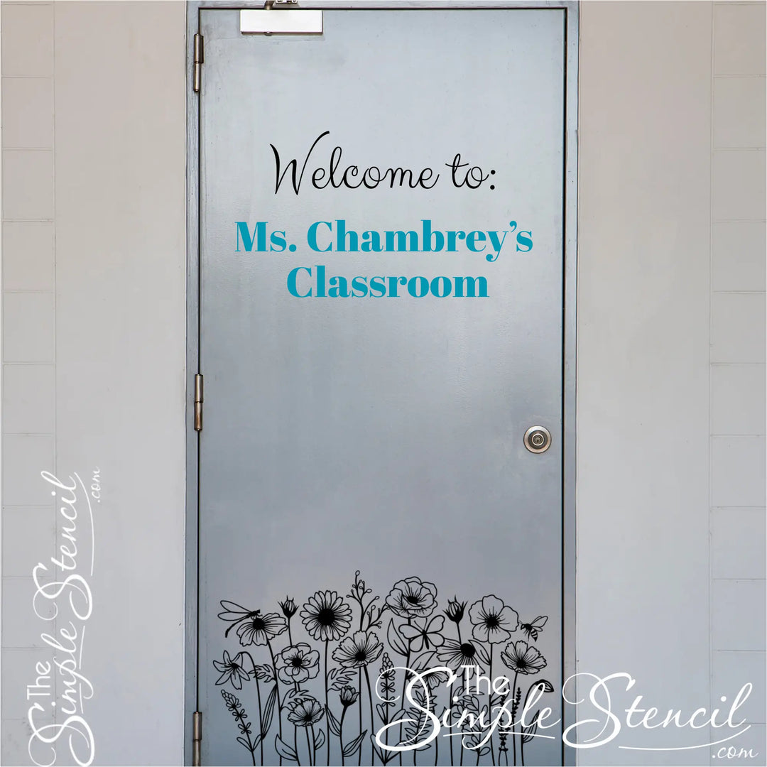 "Welcome to Ms. Chambrey's Classroom" custom door sign featuring Biophilic Style floral line art decals at the base of the door.