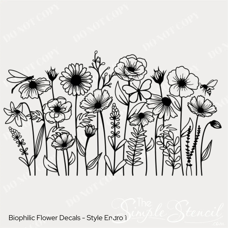 Black line art mockup of Biophilic Flower Decals Style Endro 1 featuring wildflowers, a butterfly, and a bee.