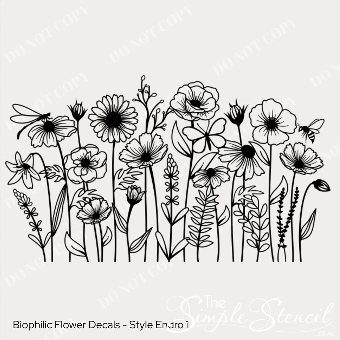 Black line art mockup of Biophilic Flower Decals Style Endro 1 featuring wildflowers, a butterfly, and a bee.