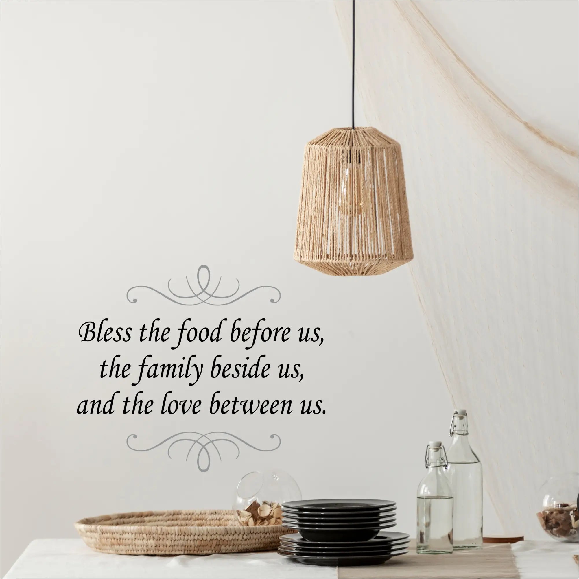 A woven rattan pendant light with natural beige hue and cylindrical shape complements beautiful wall decal art
