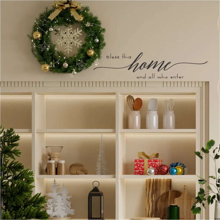 "Bless this home and all who enter" vinyl wall decal, adding a touch of warmth and inspiration to your Christmas fireplace mantel décor.