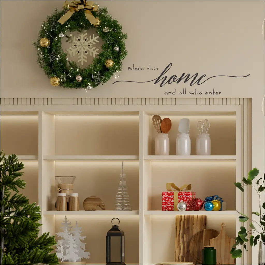 "Bless this home and all who enter" vinyl wall decal, adding a touch of warmth and inspiration to your Christmas fireplace mantel décor.