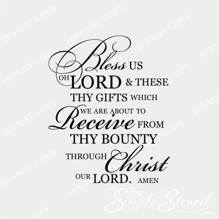 Close-up of "Bless Us Oh Lord" wall decal, showcasing the intricate lettering detail.