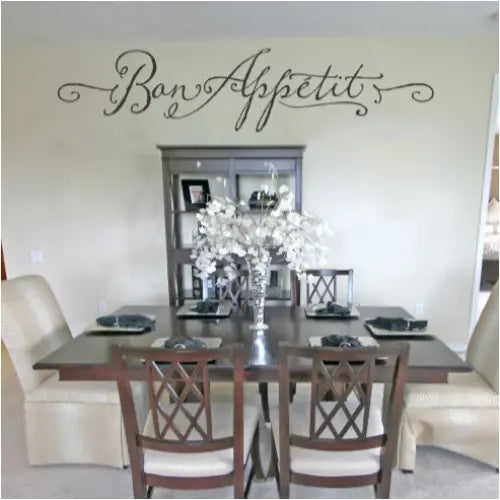 Bon Appetit beautifully displayed with a large vinyl decal by The Simple Stencil over a dining table to add to the beautiful home decor.