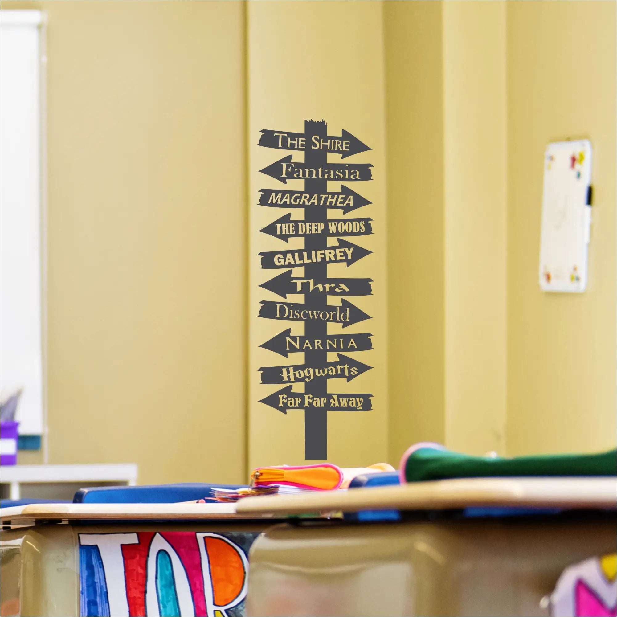 A book destination wall decal sign that points in various destinations from the reading. this particular decal is made for middle school age readers with the book destinations of The Shire, Fantasia, magrathea, The Deep Woods, Gallifrey, Thra, Discworld, Naria, Hogwarts,and Far Far Away