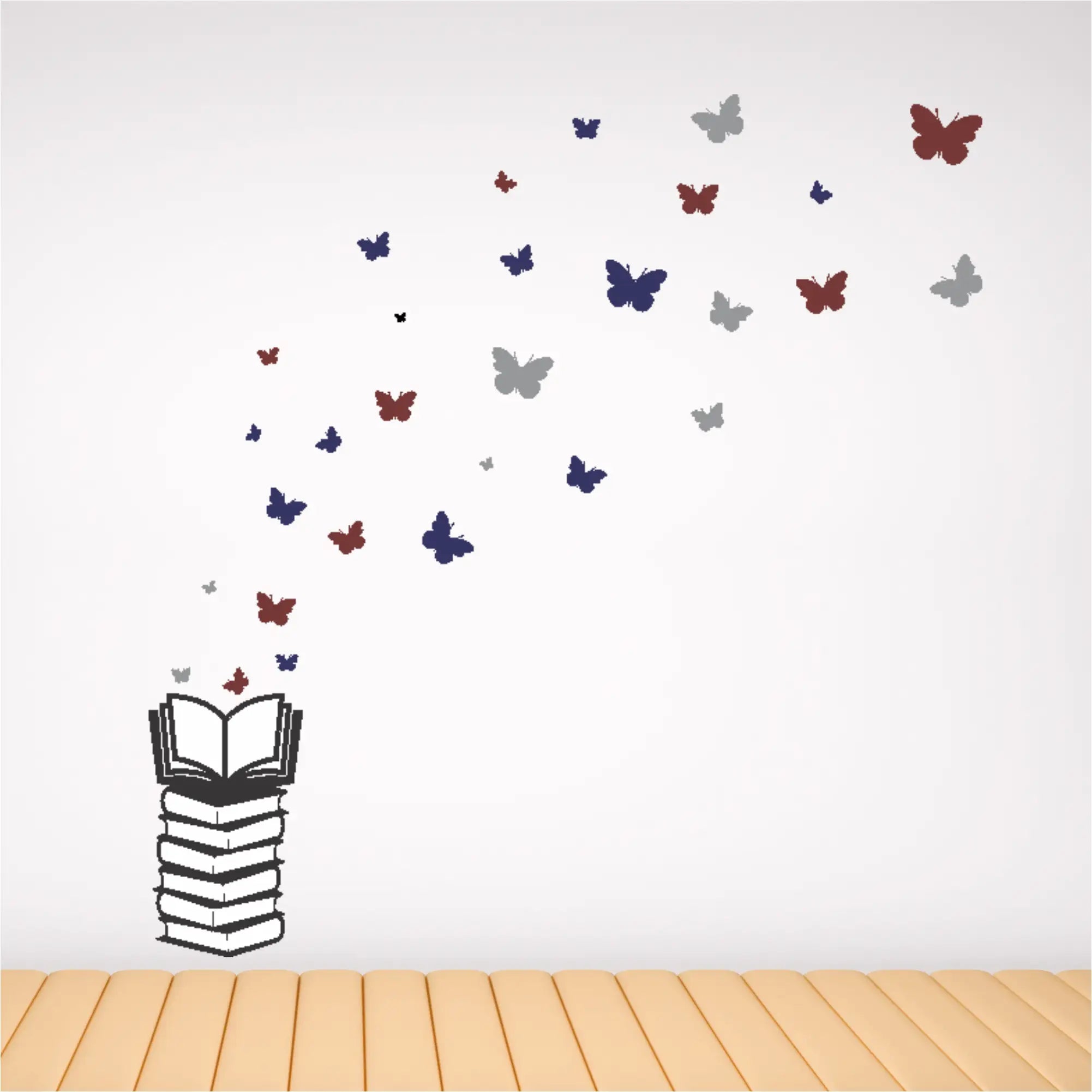 Black outline vinyl wall decal featuring a stack of books with colorful butterflies flying from an open book for readers