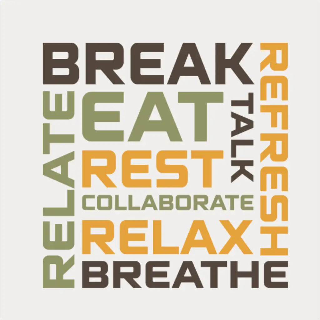 A square typographic graphic showcasing a modern wall decal design for a break room. The word art features a mix of horizontal and vertical words including 'BREAK,' 'EAT,' 'REST,' 'COLLABORATE,' 'RELAX,' and 'BREATHE' in a palette of sage green, golden yellow, and dark charcoal on a light gray background.