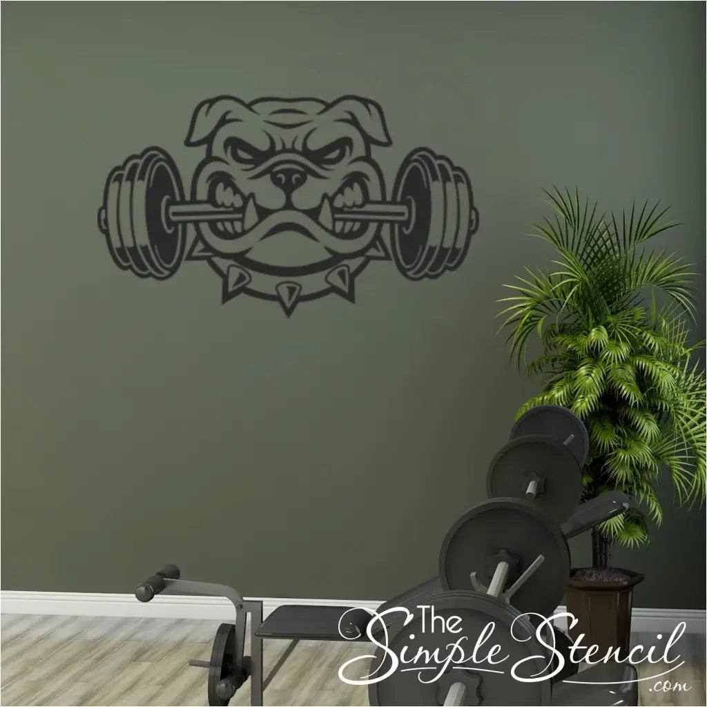 Bulldog Weightlifting Decal applied to a home gym wall, inspiring a workout.