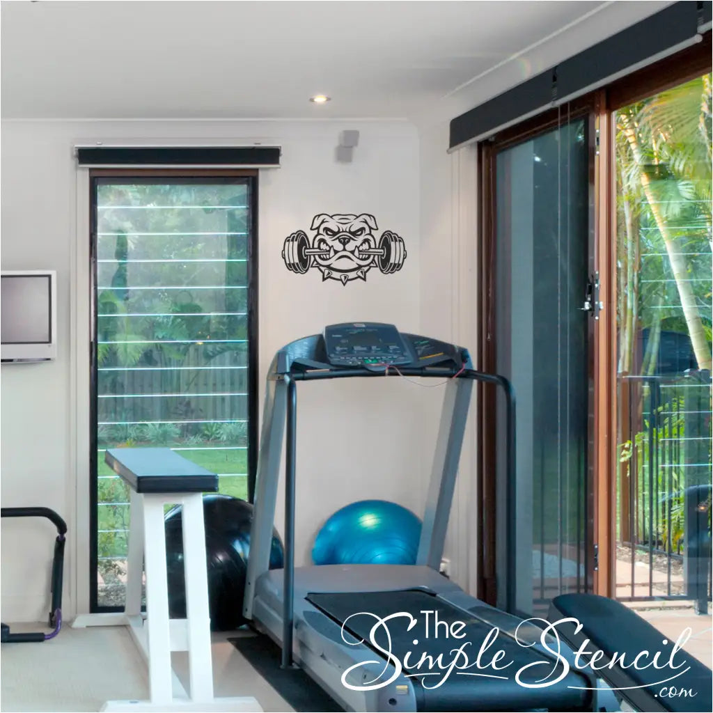 Black and white Bulldog Weightlifting Decal adding a motivational touch to a home gym.