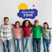 An uplifting school wall decal that reads: BULLY-FREE ZONE and features a smiling sun, puffy cloud and a heart graphic to add visual appeal to help get your anti-bullying message across. Order at TheSimpleStencil.com