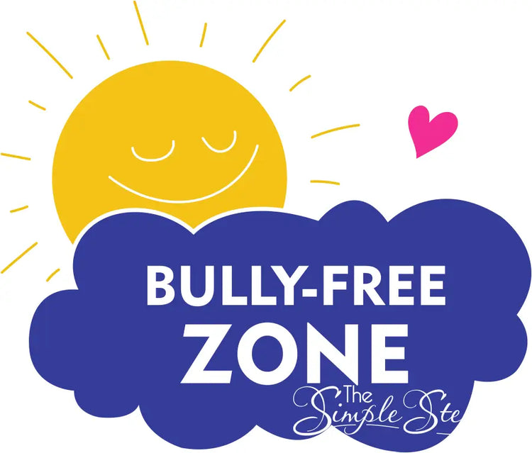 Blue cloud-shaped bully free zone wall decal with yellow sun promoting kindness through wall decal art