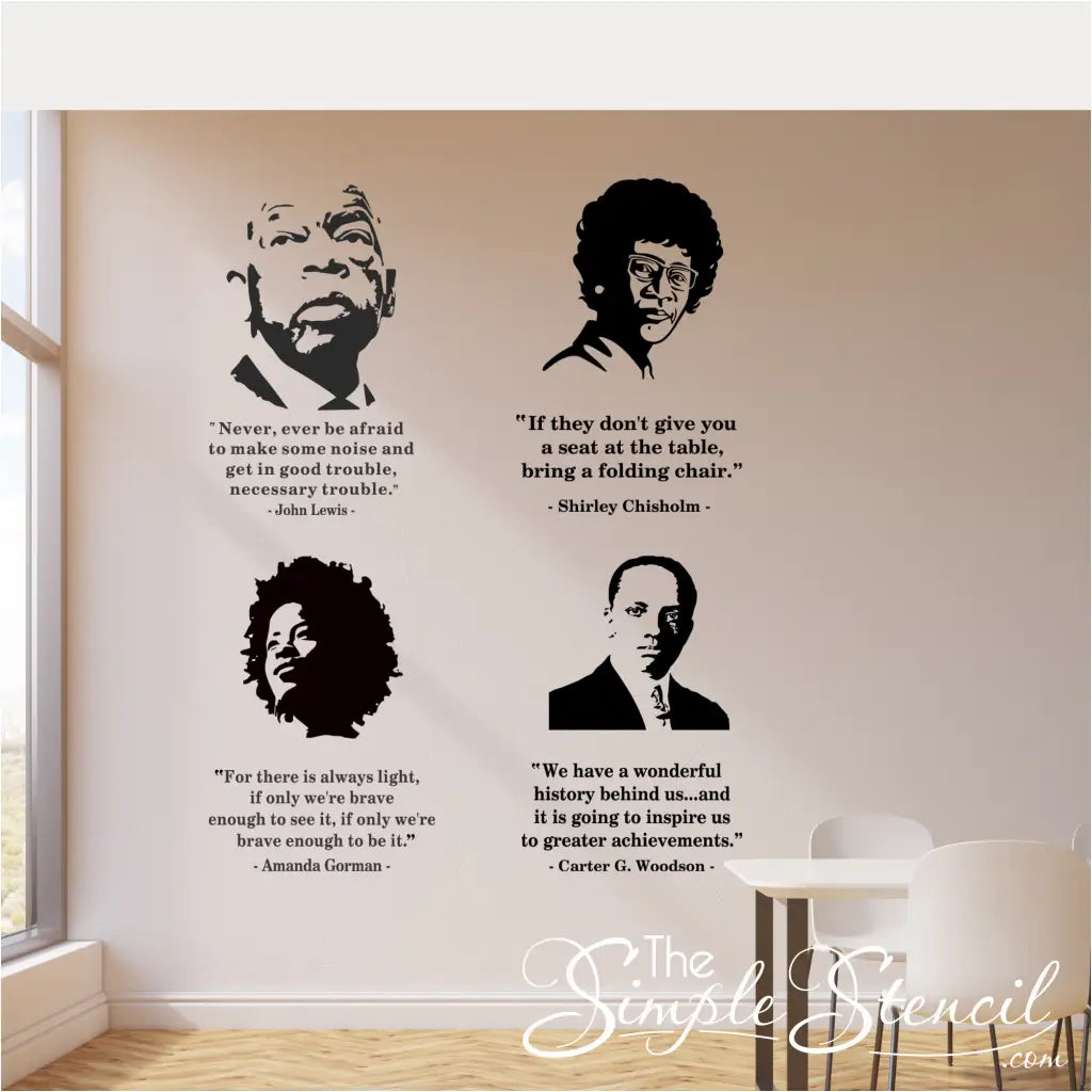 Wall with black and white portraits and quotes of notable figures, including John Lewis, Shirley Chisholm, Angela Davis, and Carter G. Woodson.