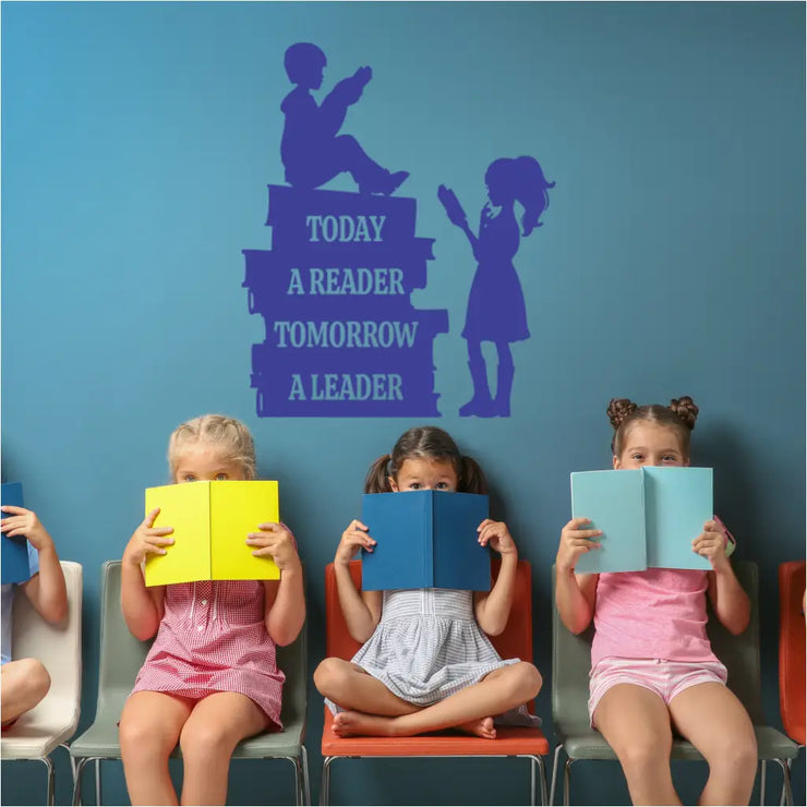 Children Reading Graphic With "Today a reader, tomorrow a leader - Library Wall Decor Ideas by The Simple Stencil