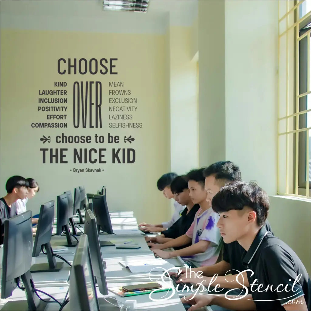 Artistic rendering of the "Choose to Be the Nice Kid" decal creating an empowering atmosphere in a school classroom.