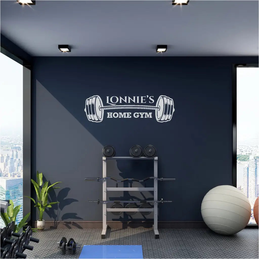 Image of a home gym with the decal prominently displayed above a workout bench, illustrating its motivational impact. Personalized with your name and choice of color and size at TheSimpleStencil.com
