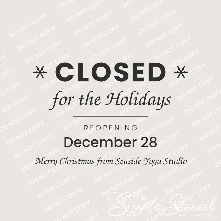 Closed for the Holidays decal design mockup with custom reopening date and greeting
