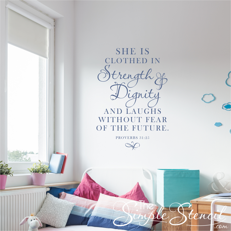 Christian home decor: Scripture decal adding a touch of faith in a girls bedroom. By The Simple Stencil