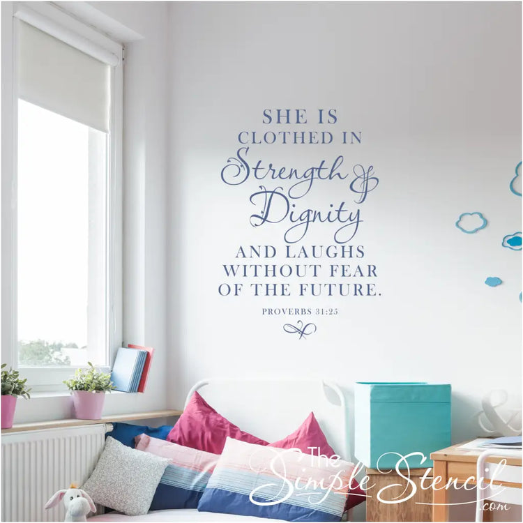Christian home decor: Scripture decal adding a touch of faith in a girls bedroom. By The Simple Stencil