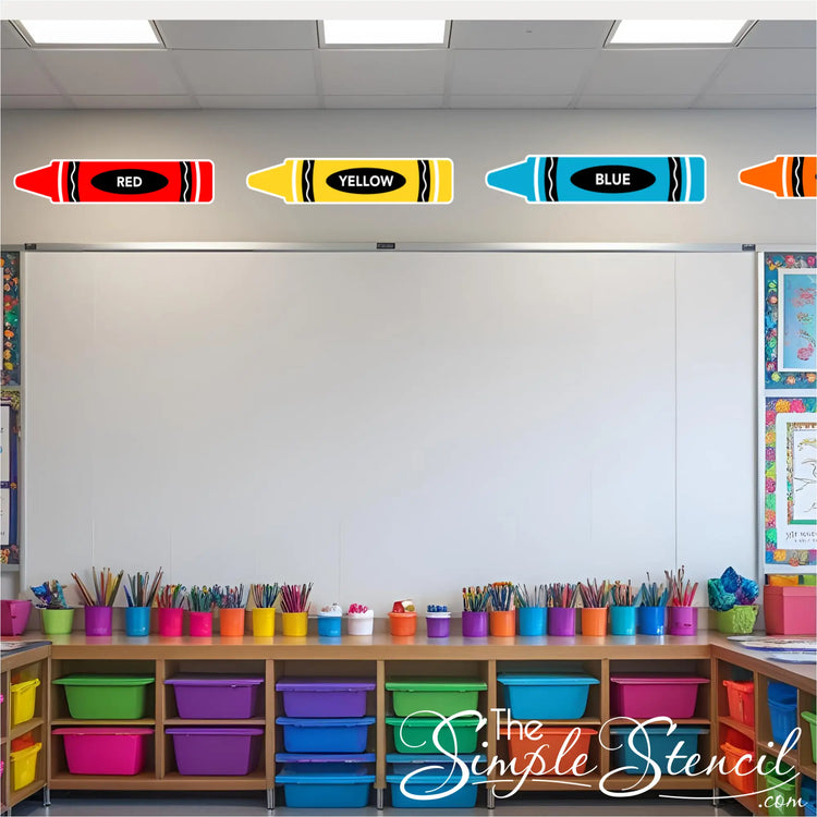  A wall decal display of sensory crayon decals, adhered smoothly to a classroom wall, demonstrating versatility for both floor and wall application.