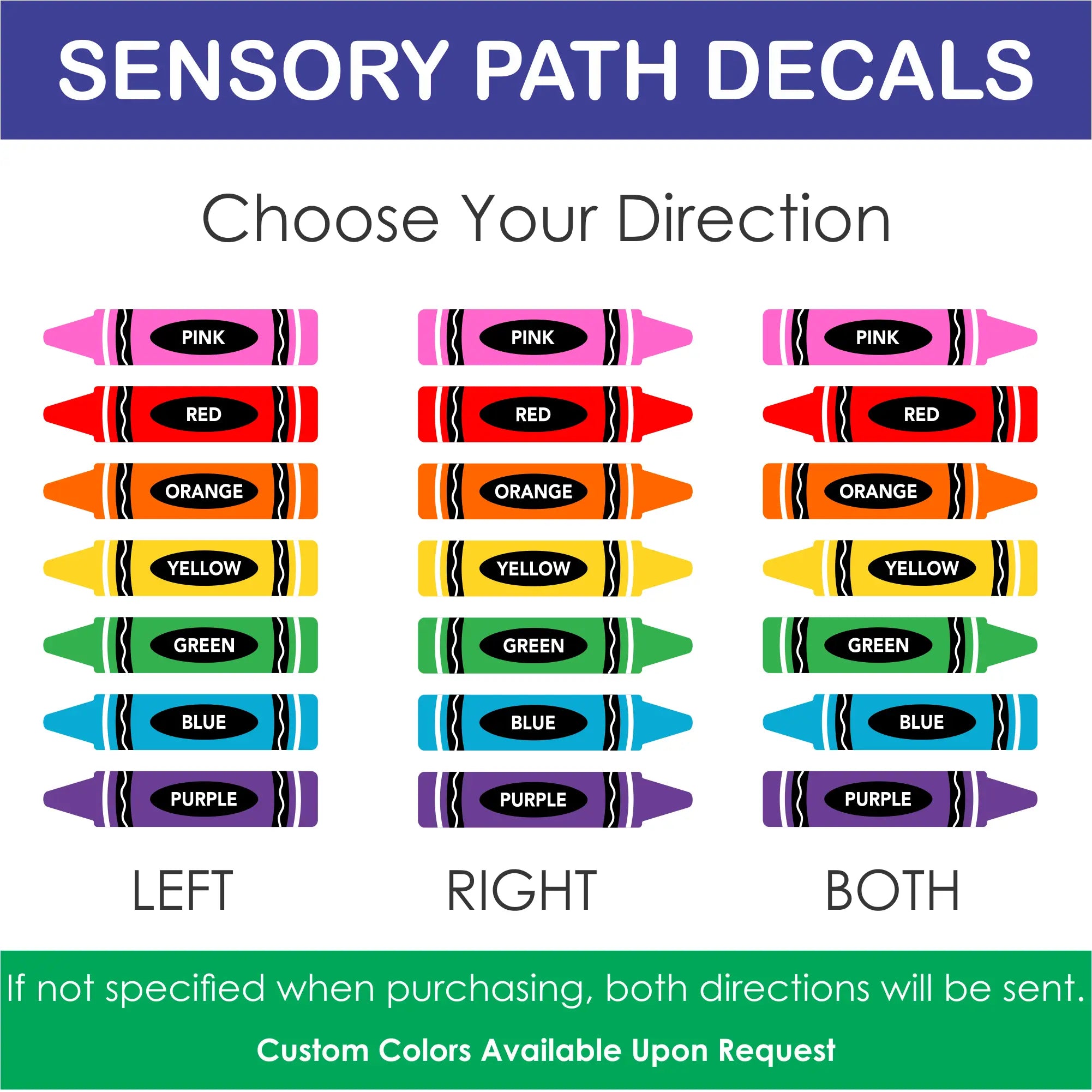 Close-up of crayon sensory decals for school hallway and classroom floor or walls,  selection of which way you would like crayons to face for directional options
