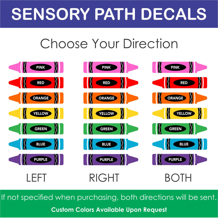 Close-up of crayon sensory decals for school hallway and classroom floor or walls,  selection of which way you would like crayons to face for directional options
