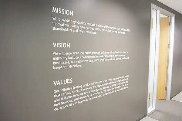 Mission statement wall decals to enhance your office decor, boost employee moral and bring confidence to your customers and clients. Send us your mission statement and let us turn it into an easy to install wall display! 