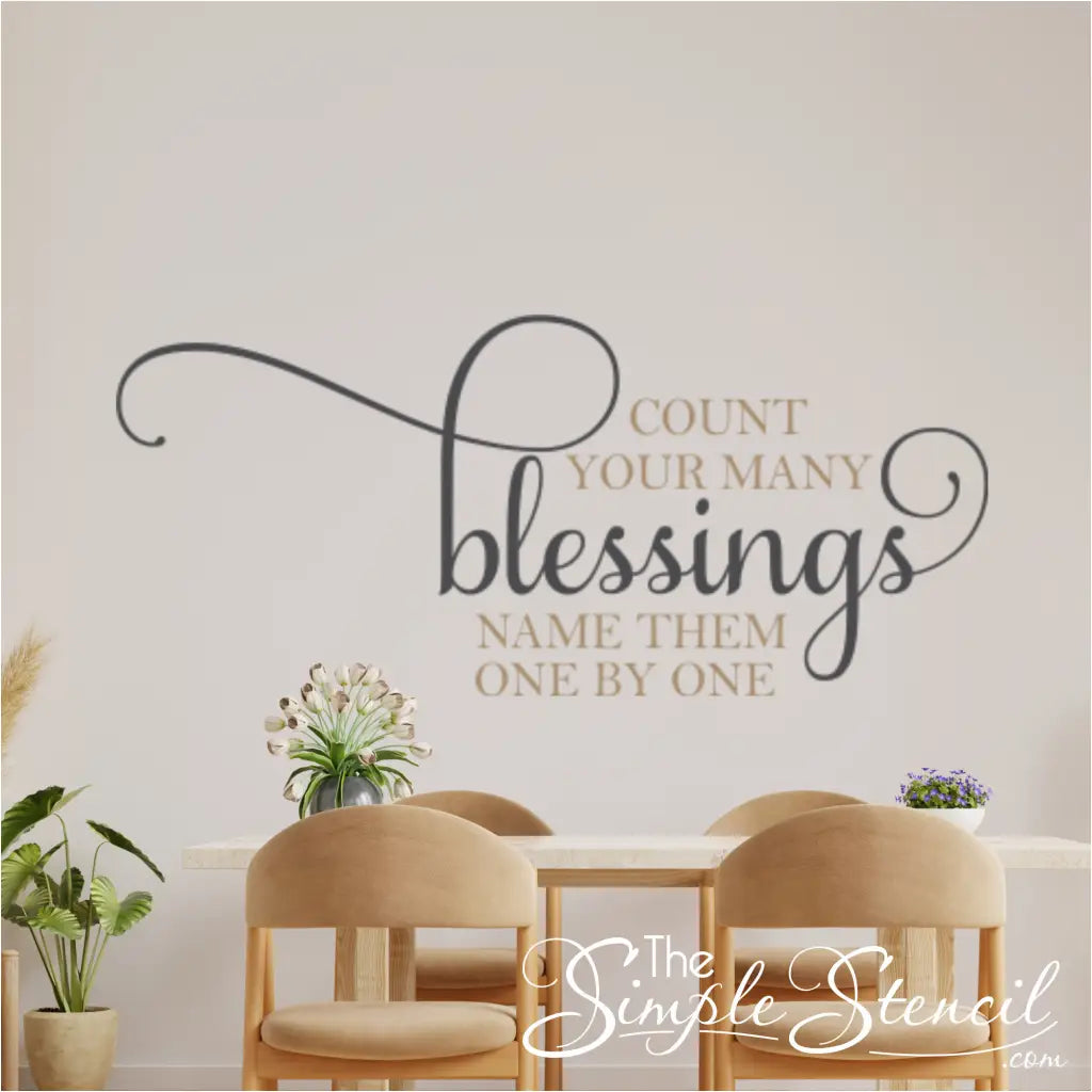 "Count your blessings, name them one by one" vinyl wall decal, a reminder to cultivate a grateful mindset and appreciate the simple joys of life.