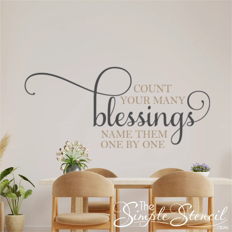 "Count your blessings, name them one by one" vinyl wall decal, a reminder to cultivate a grateful mindset and appreciate the simple joys of life.
