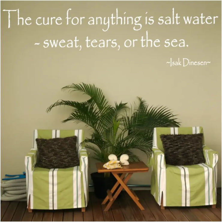 A beach themed quote combined with a nautical style font creates great wall decor for any ocean side home. Reads: The cure for anything is saltwater ~ sweat, tears or the sea. Isak Dinesen