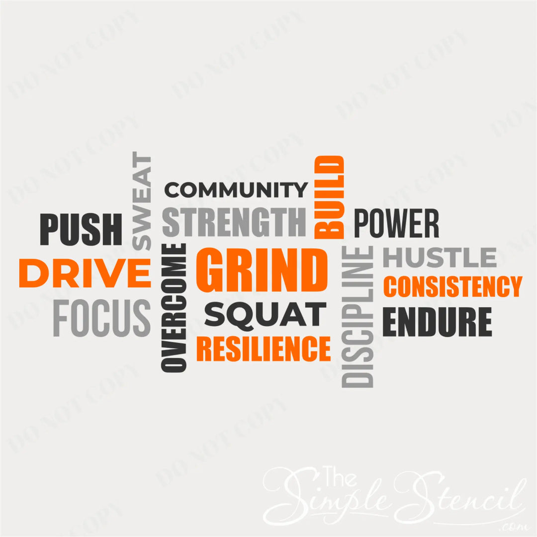 Product layout mockup of the 3-color fitness word collage decal set displaying words like Push, Grind, Squat, Discipline, and Strength in orange, charcoal, and grey.