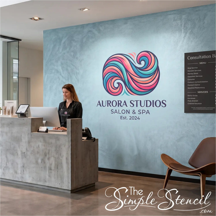 Aurora Studios Salon & Spa wall decal signage on wall by The Simple Stencil Diy installation wall decals.