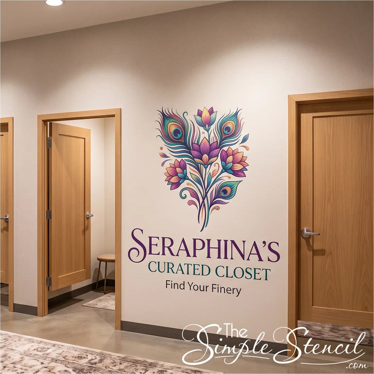 Women's clothing boutique wall decal installed on wall in changing room area. A diy wall graphic saves business owners money by ordering online at The Simple Stencil
