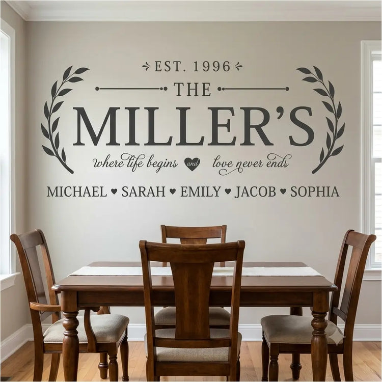 Personalized family wall decal in a dining room setting, featuring the text 'THE MILLER'S' with 'EST. 1996' at the top and names of children below, displayed on a beige wall above a wooden dining table and chairs.