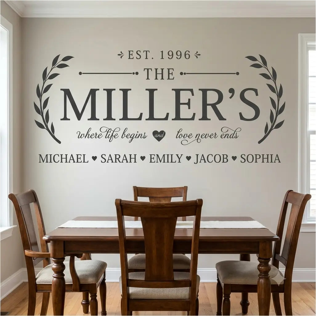 Personalized family wall decal in a dining room setting, featuring the text 'THE MILLER'S' with 'EST. 1996' at the top and names of children below, displayed on a beige wall above a wooden dining table and chairs.