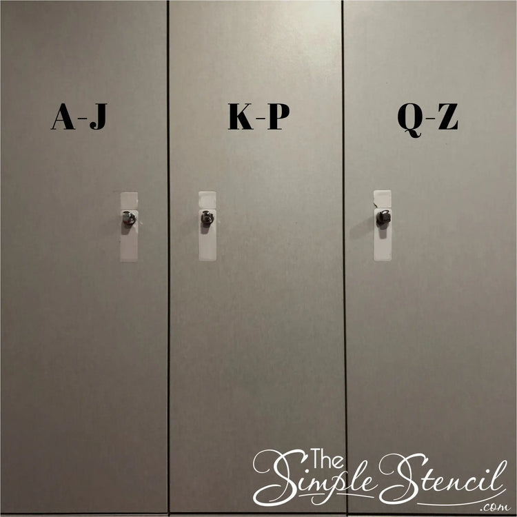 Three gray metal lockers with black custom name decals labeling sections a-j k-p q-z offering low cost high quality decals now