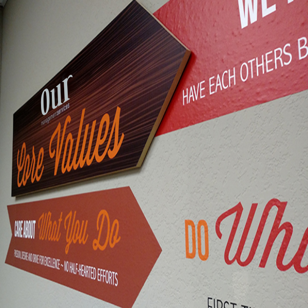 A close-up picture of a Mission Statement wall created for a Simple Stencil customer.  Send us your own artwork, logo, graphics, etc. and let us turn your Mission Statement Into a beautiful wall display!
